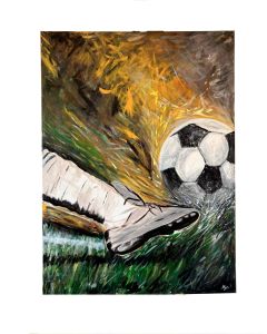 L&rsquo;Attimo del Tiro &ndash; dipinto originale sul calcio con pallone 55x75 cm